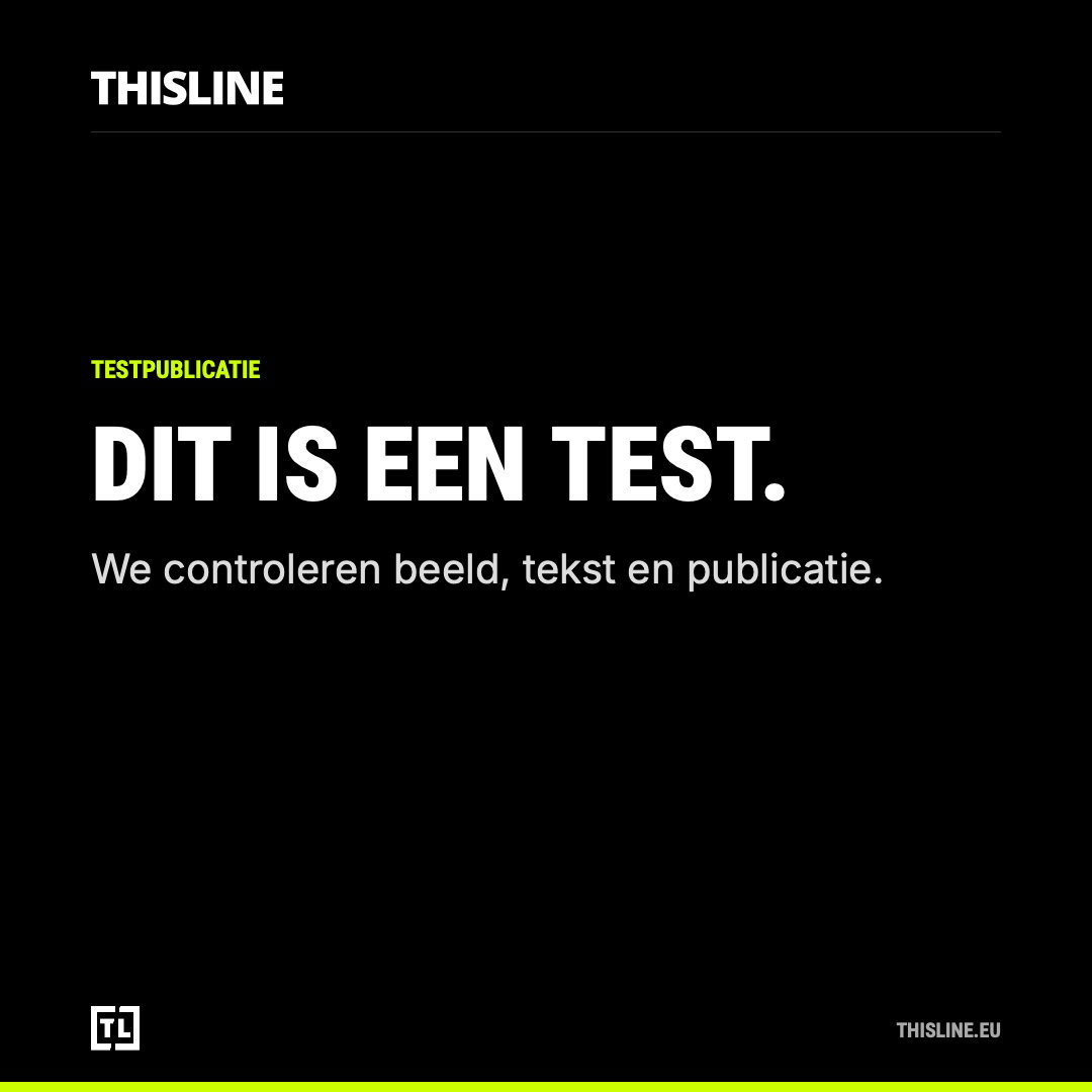 Zwarte THISLINE-testkaart met witte tekst: Dit is een test.
