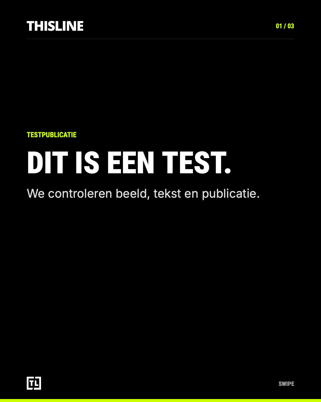 Zwarte THISLINE-testkaart met witte tekst: Dit is een test.