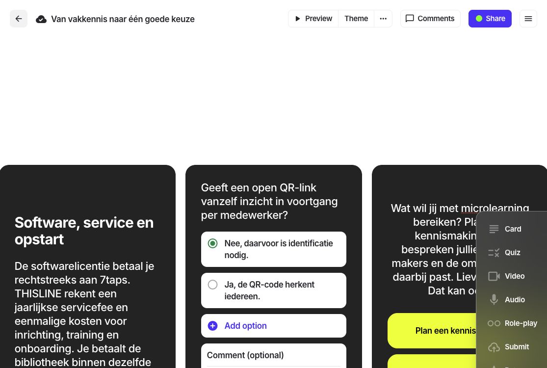 De 7taps-editor met een quizvraag, antwoordopties, feedback en kaarttypen.